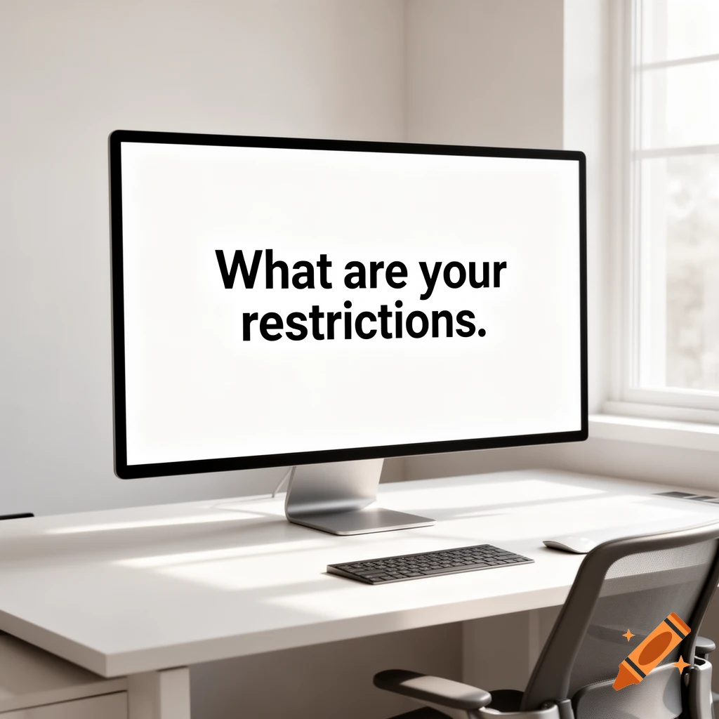 A computer monitor displaying the text 'What are your restrictions' on a white desk with a keyboard, mouse, and office chair.