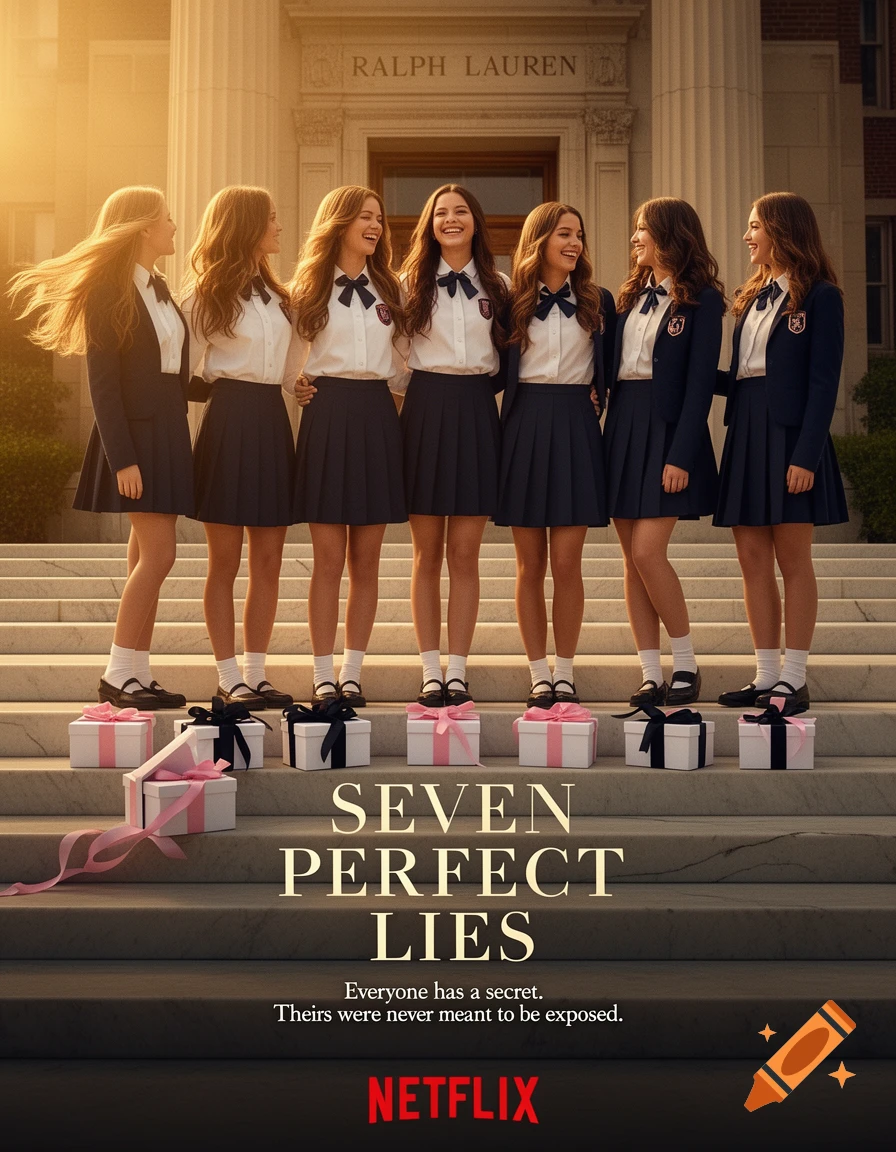 A movie poster features six smiling girls in navy and white school uniforms on grand steps, with gift boxes at their feet. The title "SEVEN PERFECT LIES" appears above a tagline, and a Netflix logo is at the bottom.