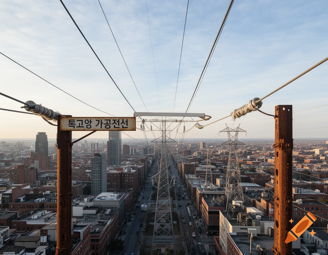 An aerial view of an urban landscape with a sign, power lines, and electricity pylons extending into the distance.