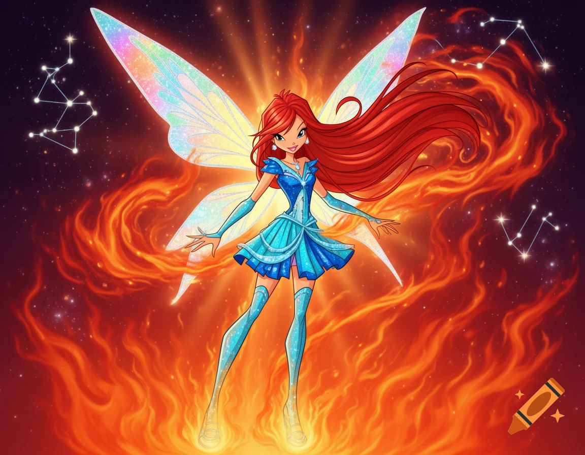 A cartoon fairy with long red hair, wearing a blue sparkly dress and iridescent wings, stands amidst fiery effects and star constellations.