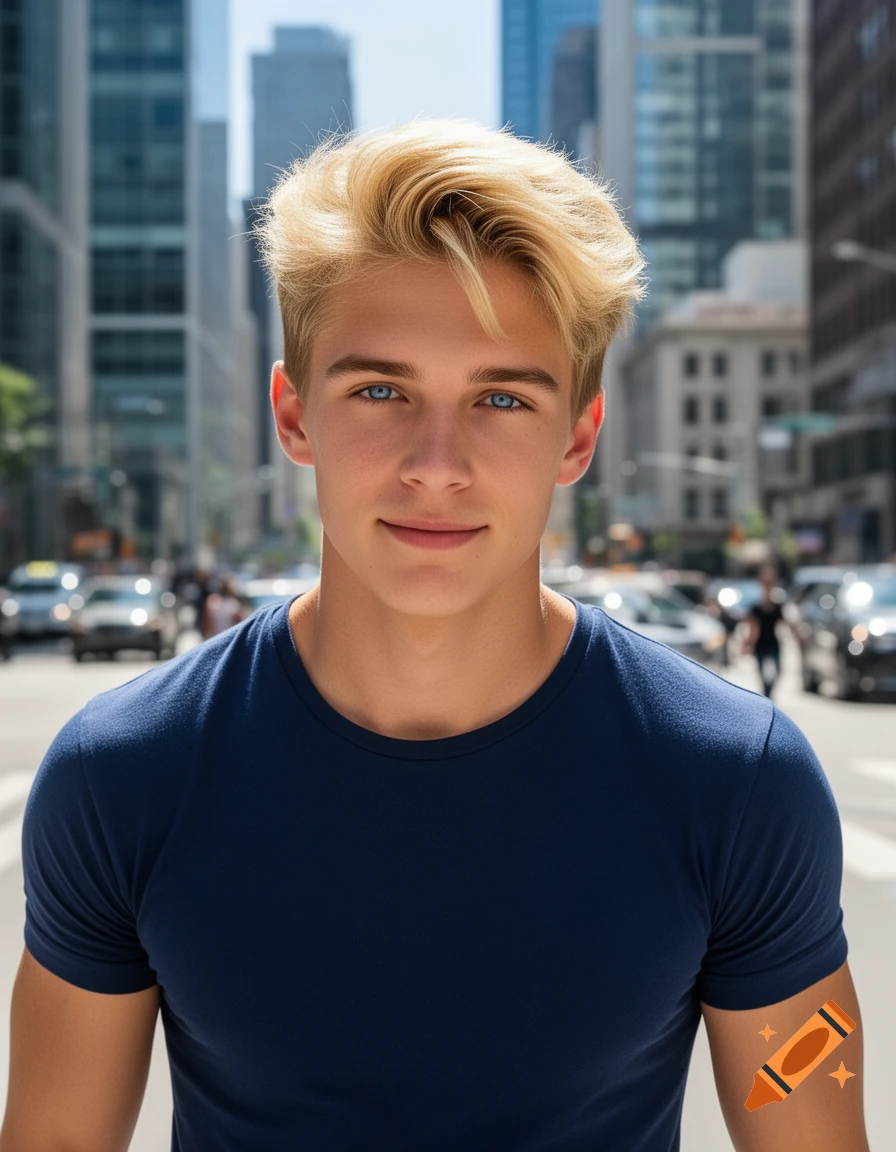 Photorealistic portrait of a young man with blonde hair and blue eyes, smiling slightly on a city street.