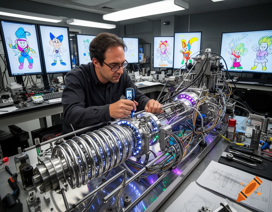 A man in glasses works on a complex, glowing scientific machine with numerous wires, as computer monitors display colorful cartoon sketches.