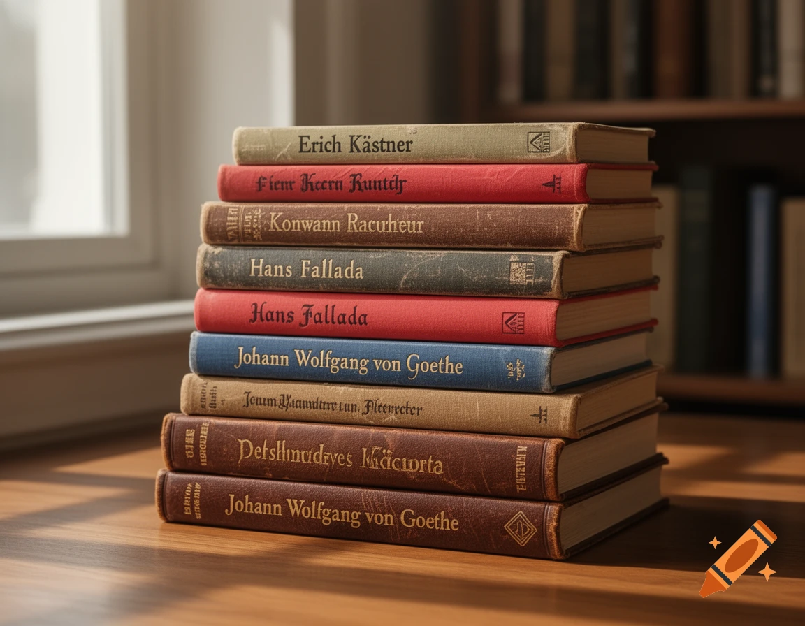 A stack of old, worn books with varying colored spines sits on a wooden table, lit by sunlight from a window. A blurred bookshelf is in the background.