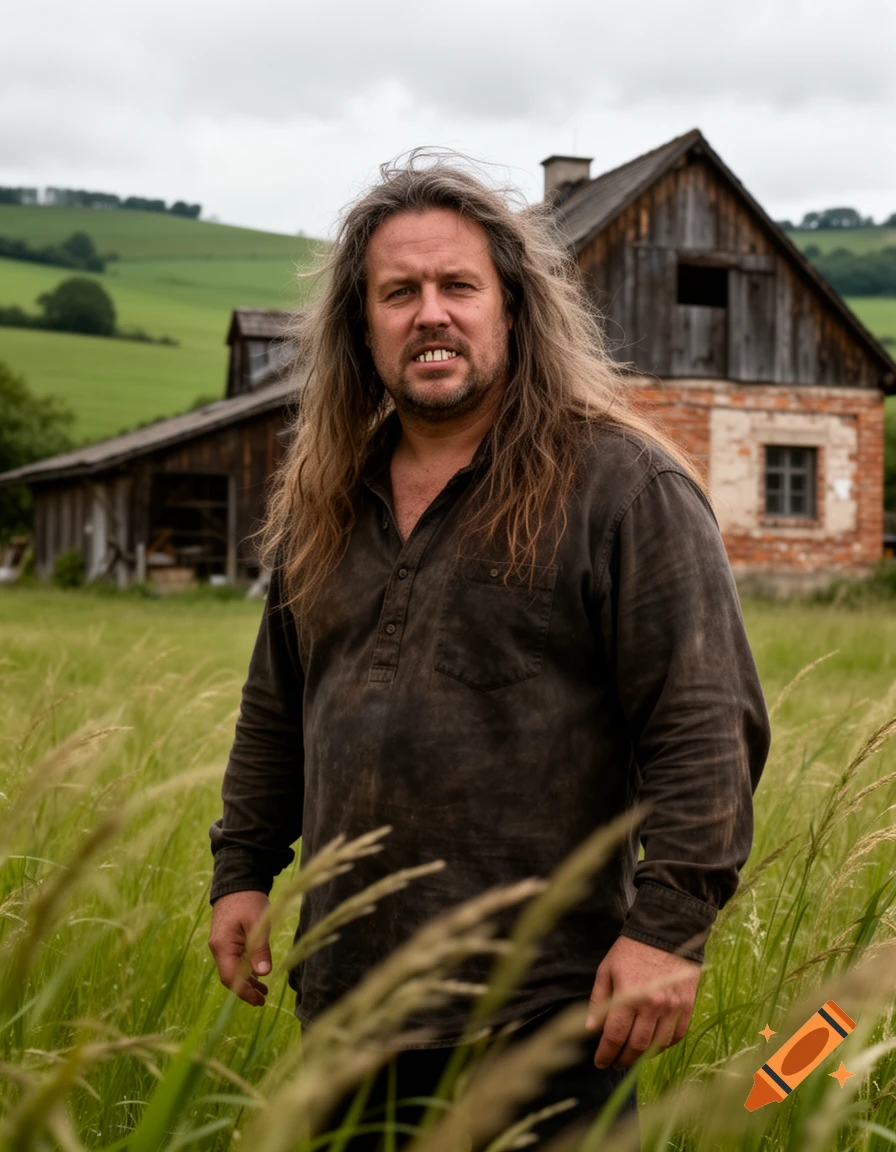 A man with long, wavy brown hair and an overbite stands in a tall grassy field with an old, rustic house behind him.