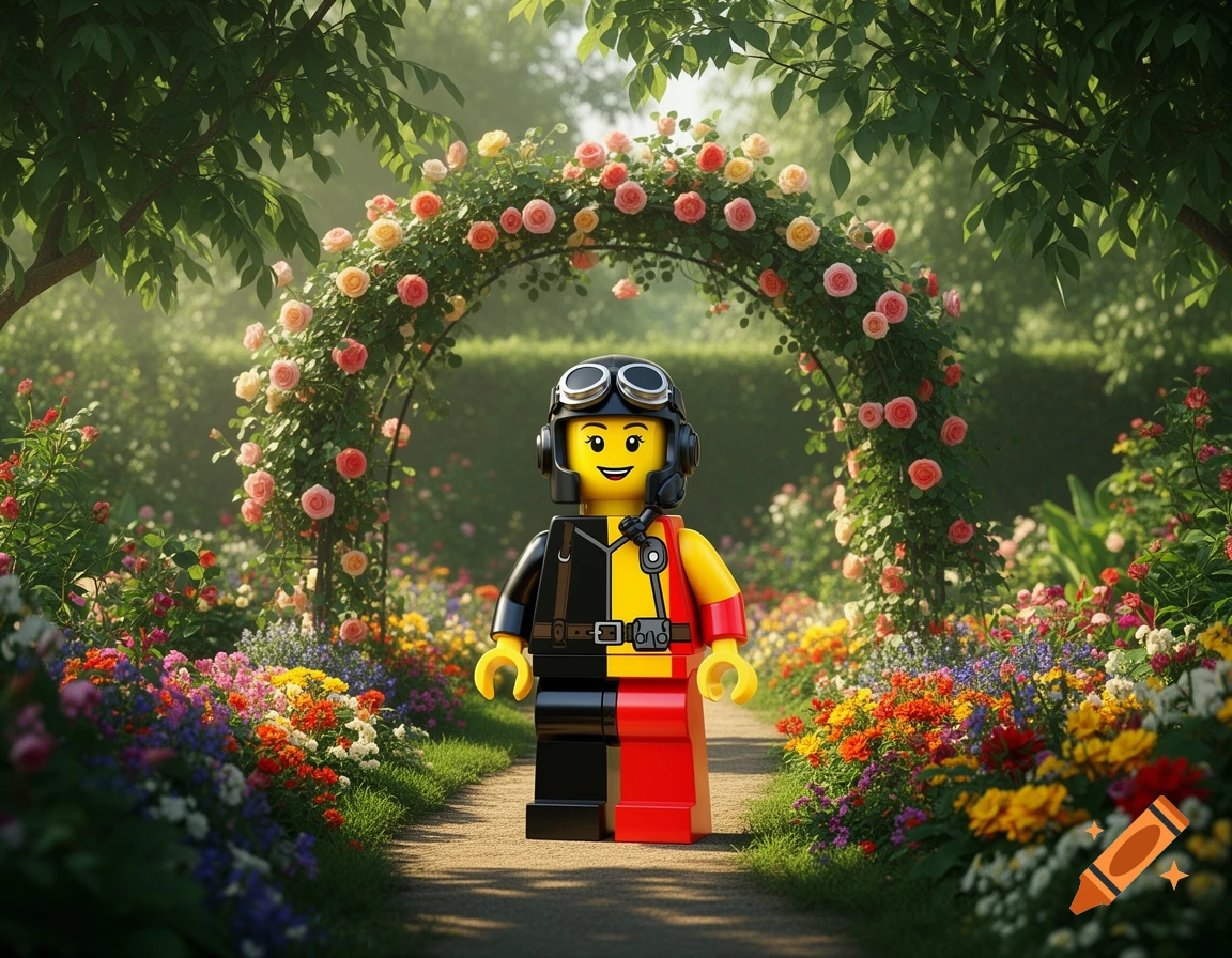 A Lego pilot character in black, yellow, and red stands on a path in a vibrant garden with a rose-covered arch.