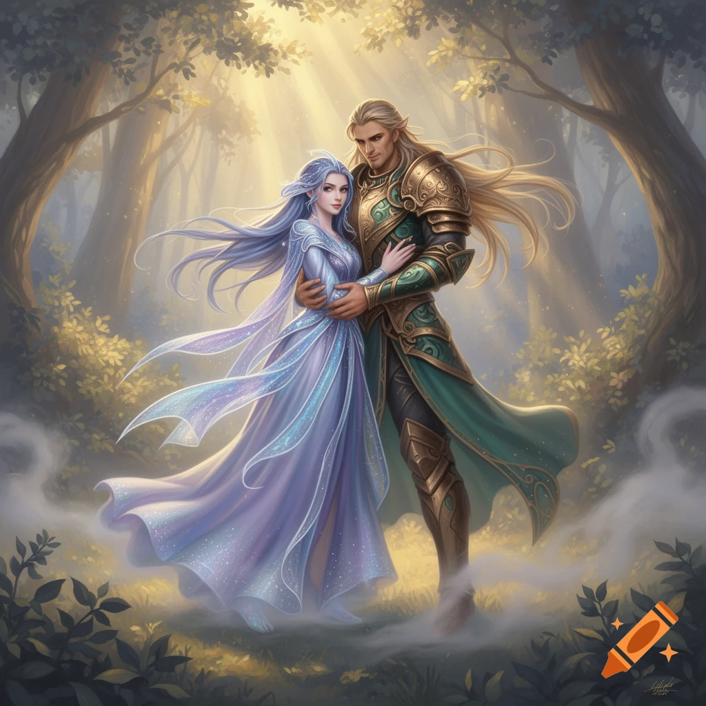 An elf couple embraces in a sunlit magical forest, featuring a male in green and gold armor and a female in a shimmering purple dress.