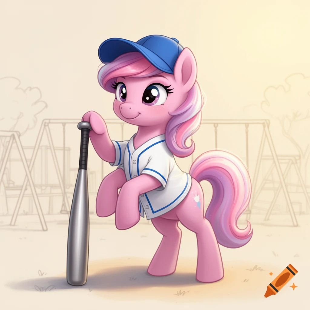 A cute cartoon pink pony in a baseball jersey and blue cap, standing on its back feet and leaning on a baseball bat.