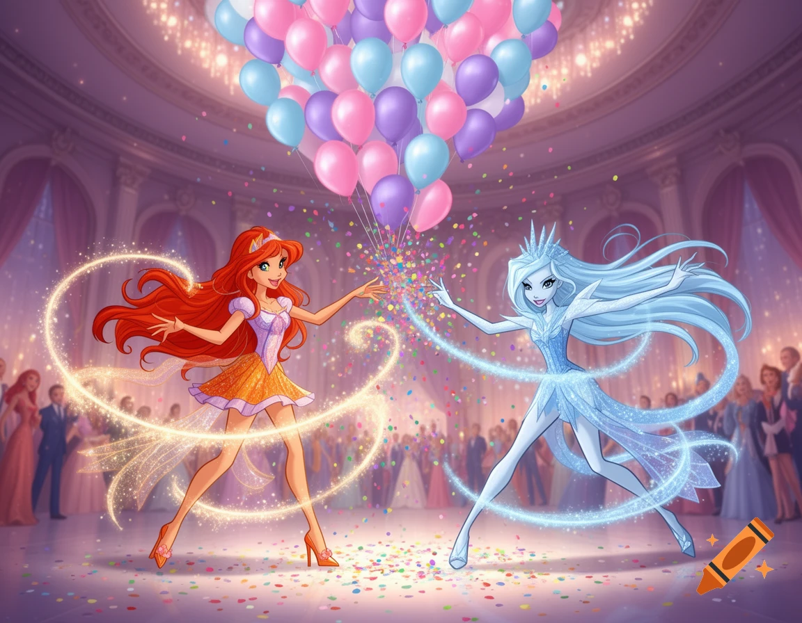Red-haired and light blue-haired cartoon women with magic and confetti in a grand ballroom with balloons.