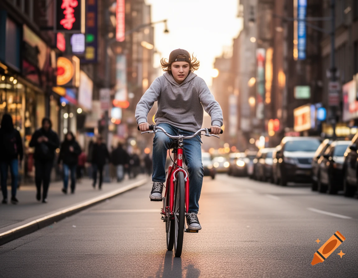 A teenage boy on a red bicycle rides down a busy city street with blurred lights and buildings in the background, photorealistic.