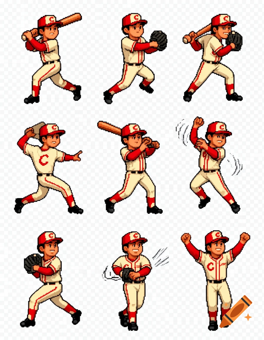 A sprite sheet of nine pixel art baseball players in various action poses, wearing red and white uniforms with a C logo.