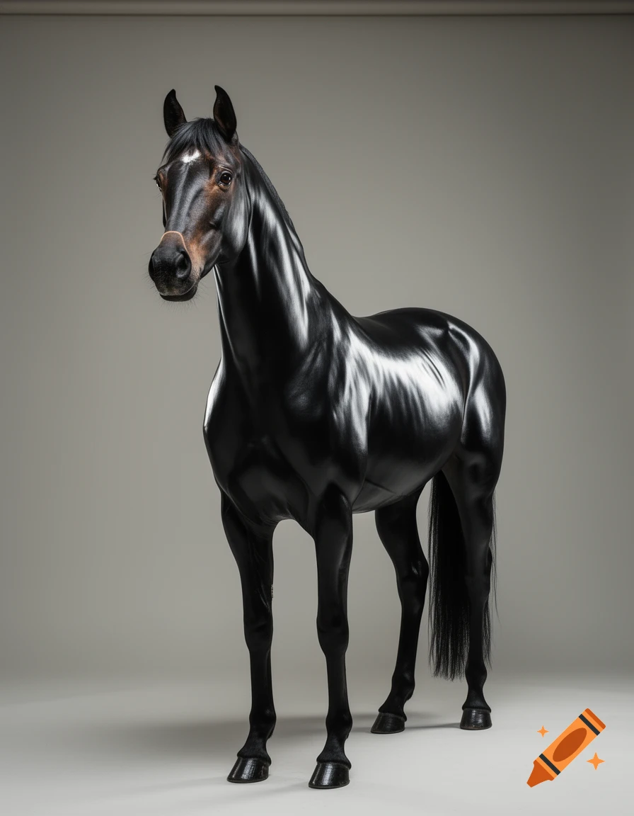 A photorealistic black horse with a very shiny coat stands in a studio setting.