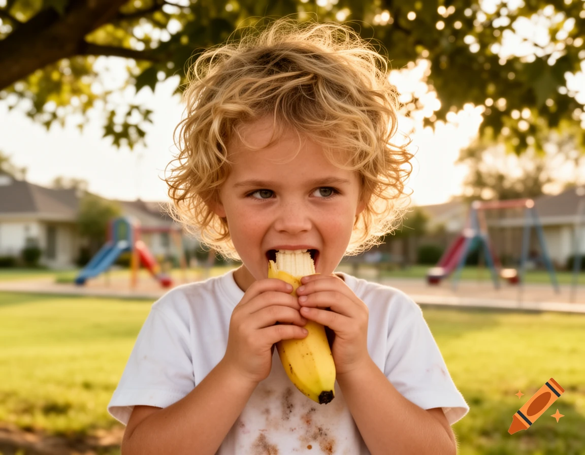 A smiling child with curly blonde hair eats a banana at a park during golden hour, with playground equipment in the background.