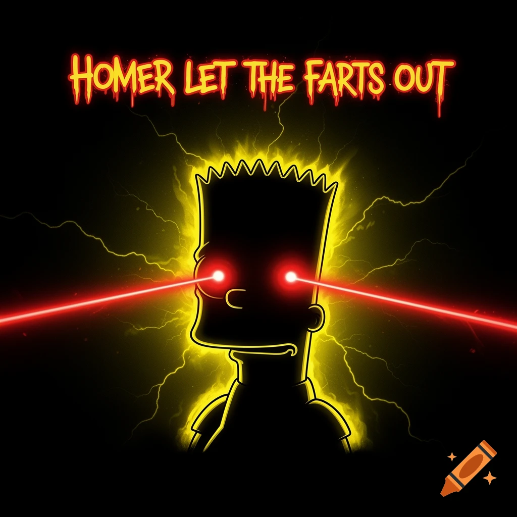 Silhouette of Bart Simpson with glowing red eyes shooting lasers, outlined in yellow electricity against a black background. Text above reads 'HOMER LET THE FARTS OUT'.