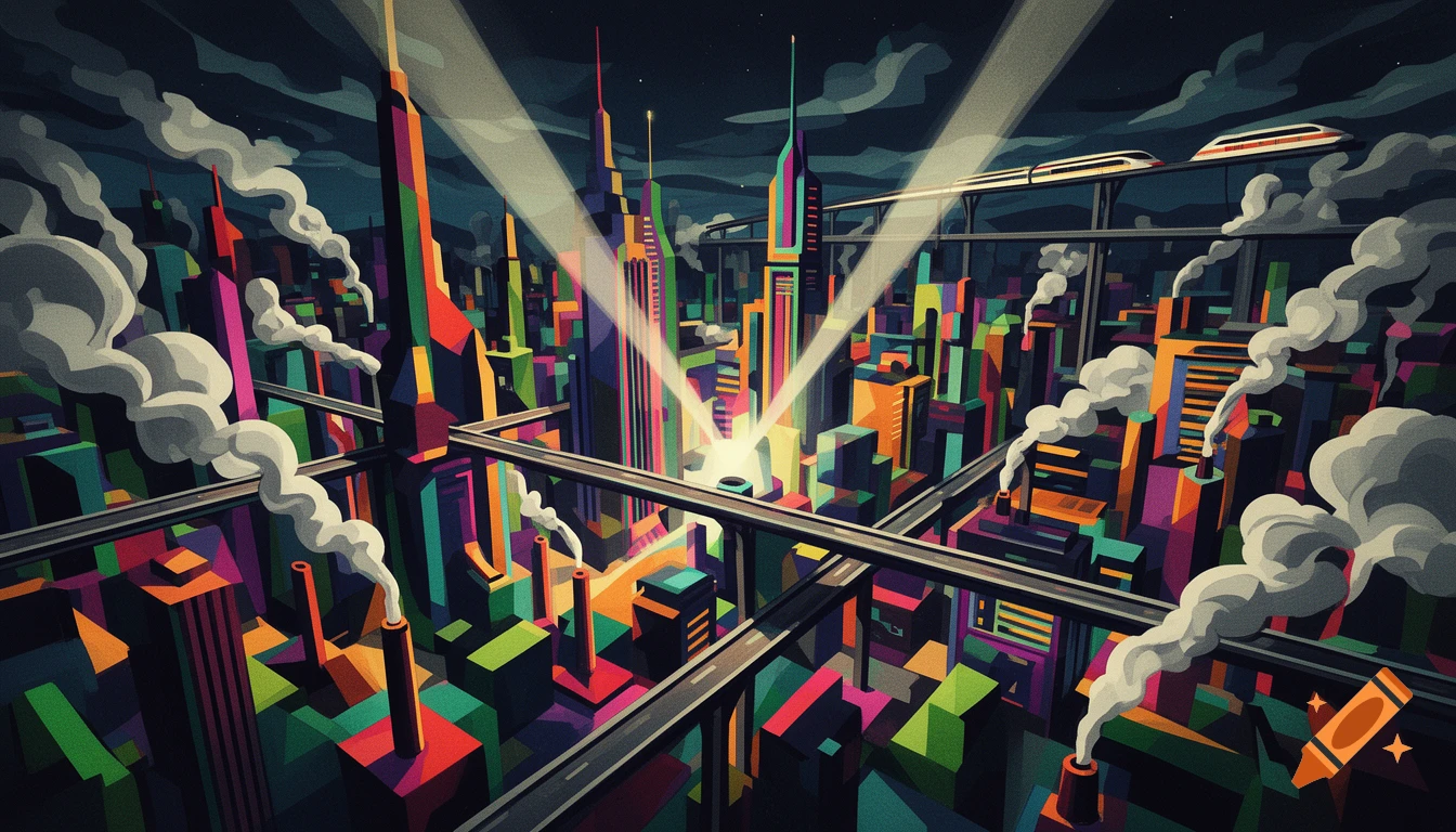 A vibrant, high-contrast Cubist illustration of a futuristic city with colorful high-rises, elevated roads, monorails, and billowing smoke.