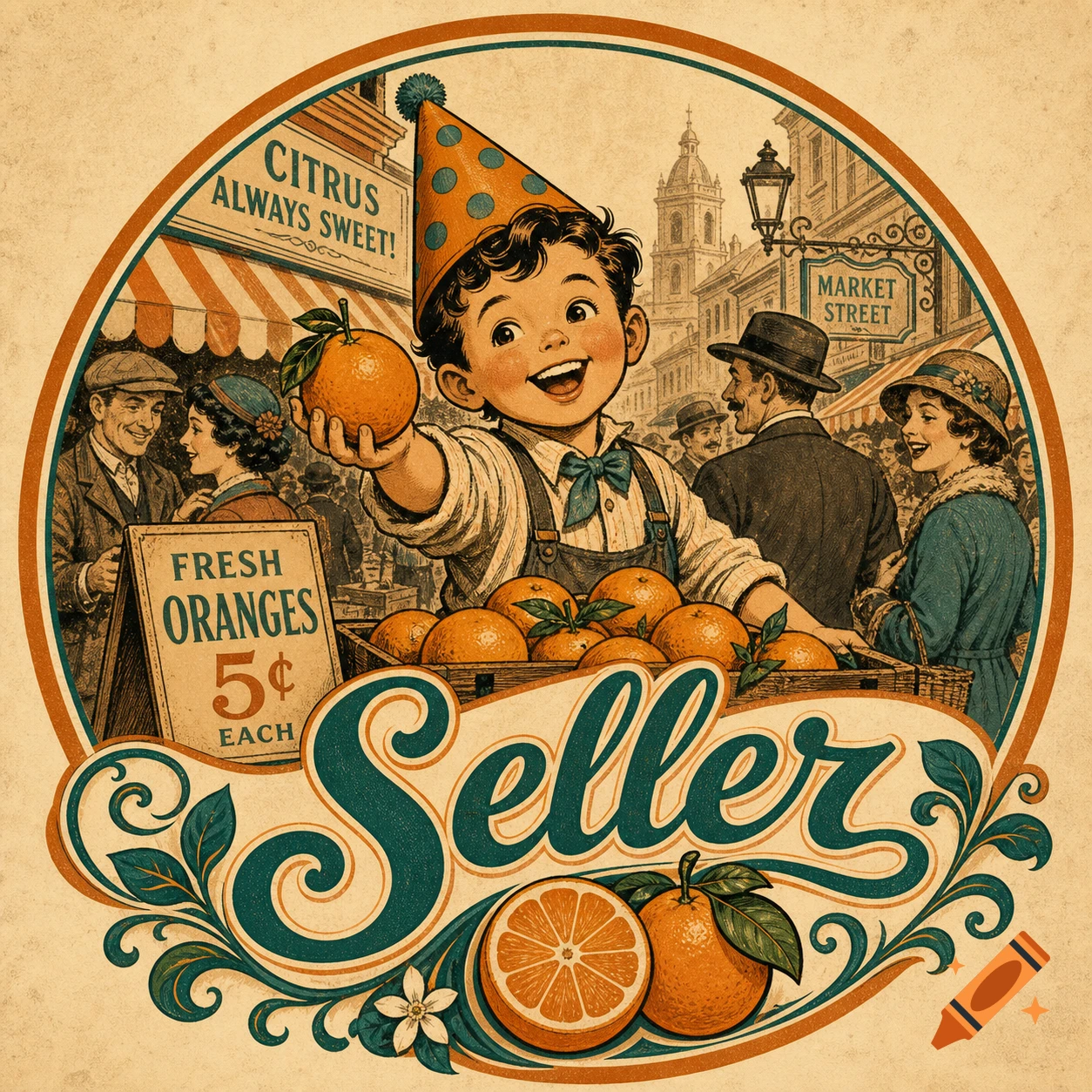 A vintage-style logo featuring a cheerful boy in a party hat holding an orange, with market scenes and text 'Seller' in a decorative script.
