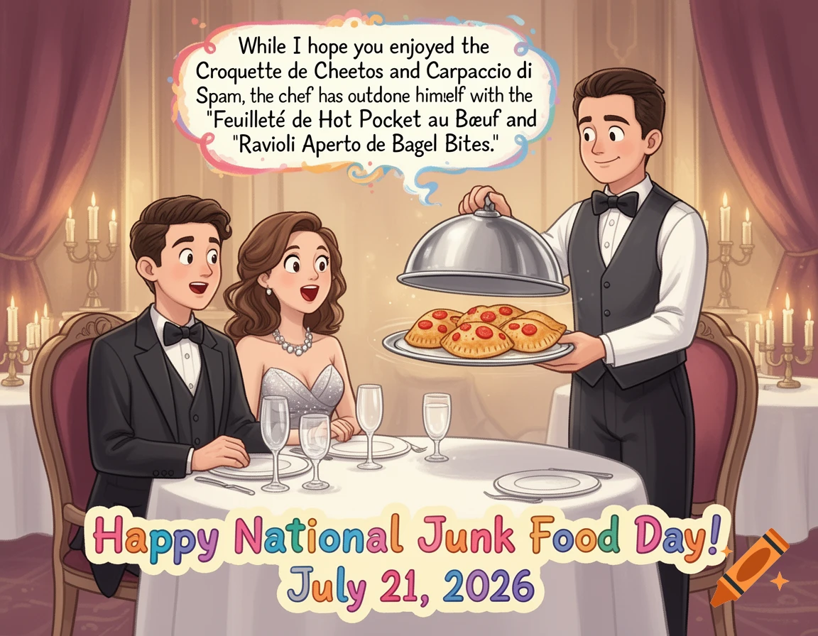 A cute illustration of a waiter serving hot pockets to a couple in a fancy restaurant, with text "Happy National Junk Food Day! July 21, 2026"