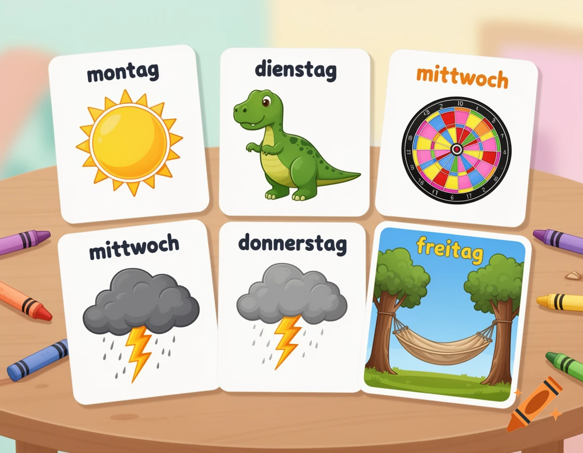 Colorful kindergarten flashcards on a wooden table, depicting days of the week with various symbols like a sun, dinosaur, dartboard, storm clouds, and a hammock. Crayons are scattered around.
