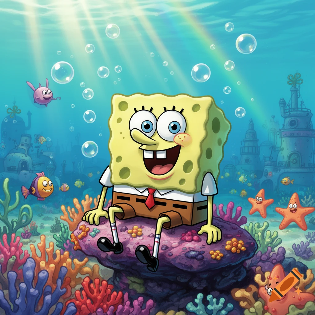 Spongebob Squarepants sits smiling on purple coral in a vibrant underwater scene with fish, starfish, bubbles, and a rainbow.