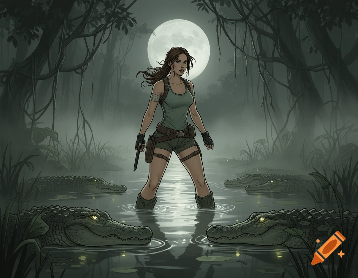 Lara Croft stands armed in a moonlit, misty swamp with crocodiles, in a stylized illustration.