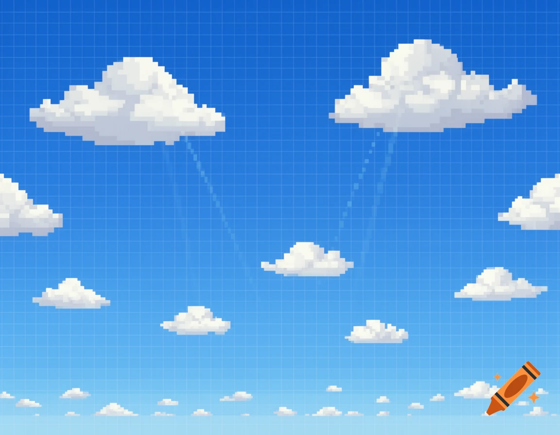 Pixel art blue sky with white clouds and faint light rays.