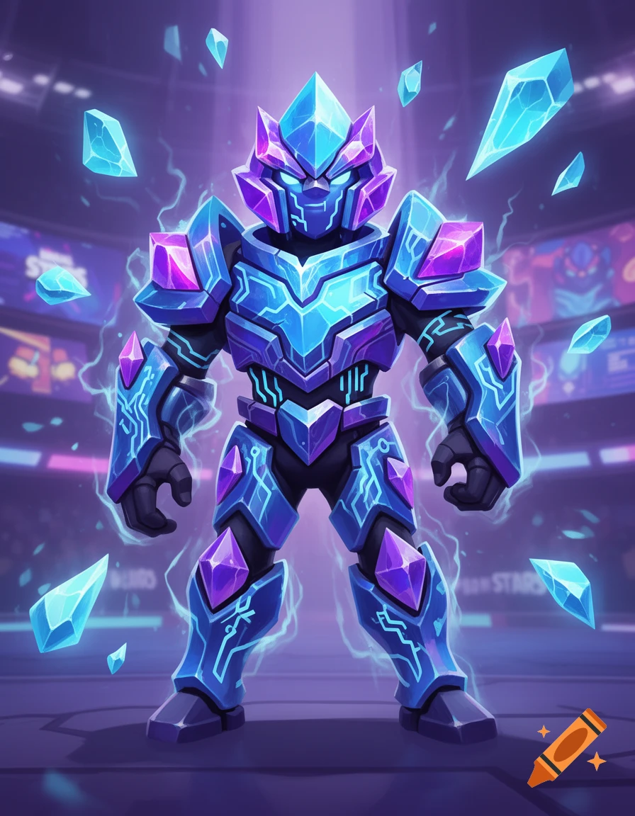 A crystal-armored robot character with blue and purple accents, surrounded by floating blue crystals, stands in a neon-lit arena.