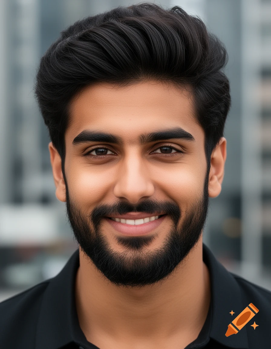 Close-up portrait of a smiling young man with dark hair and a beard, wearing a black shirt, against a blurred city background.