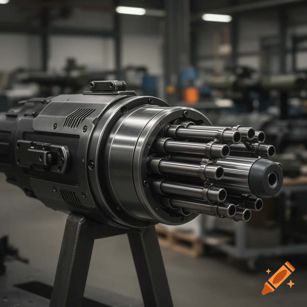 A photorealistic close-up of a large multi-barreled minigun with a central rocket barrel in an industrial workshop.