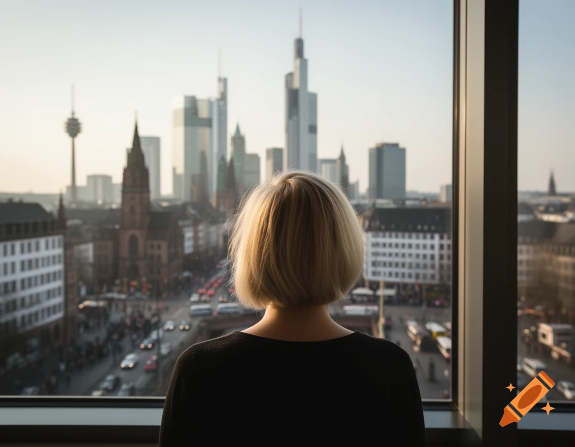 A person with short blonde hair, viewed from behind, looks out a window at the Frankfurt city skyline with tall buildings and a broadcast tower.