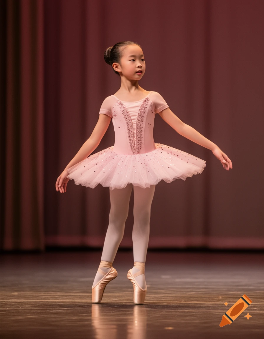 A young Chinese ballet dancer in a pink tutu and pointe shoes poses gracefully on a stage.