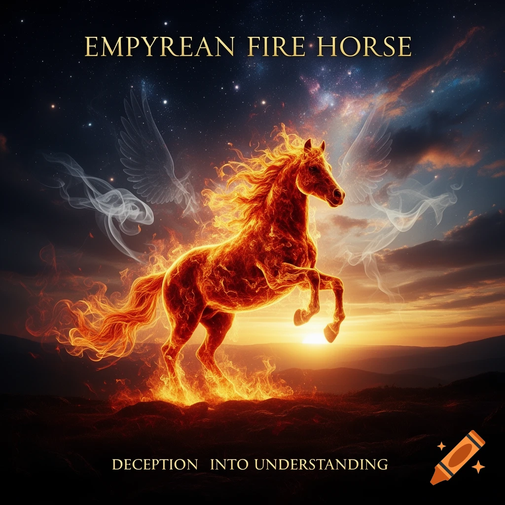 A fiery winged horse rears on a dark landscape under a starry, cosmic sunset sky. Text reads 'EMPYREAN FIRE HORSE' and 'DECEPTION INTO UNDERSTANDING'.