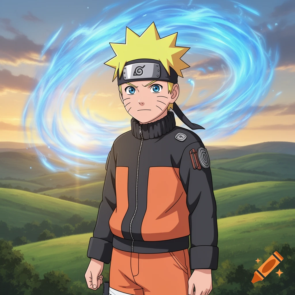 Naruto, an anime boy in an orange and black outfit, stands in a green hilly landscape with a blue energy swirl behind him and a sunset sky.
