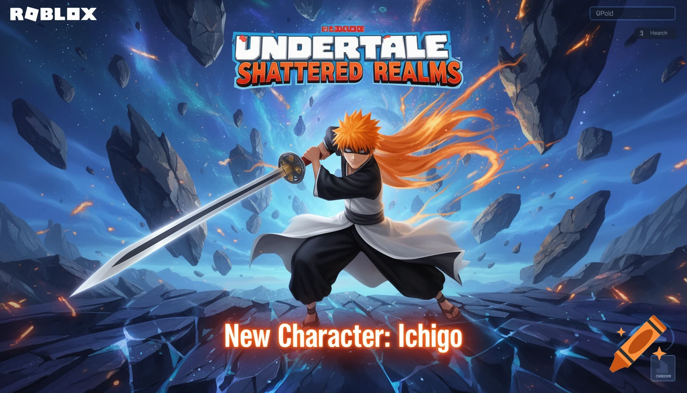 An anime character, Ichigo from Bleach, holds a large sword amidst floating rocks and a cosmic sky, with 'UNDERTALE SHATTERED REALMS' and 'New Character: Ichigo' text.
