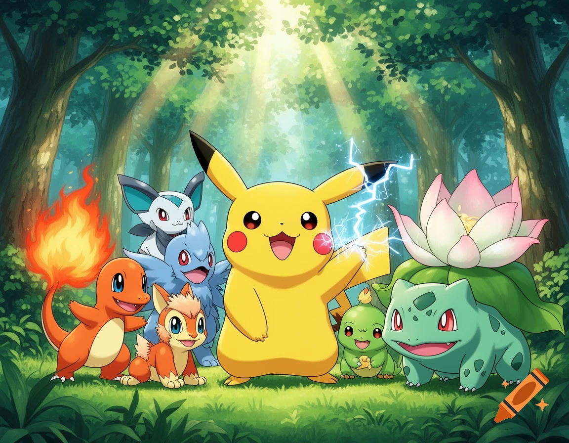 Pikachu, Charmander, Bulbasaur, and other Pokémon characters smiling together in a sunlit forest.