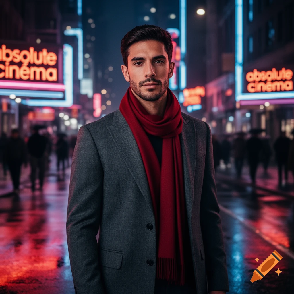 A man in a gray suit and red scarf stands on a wet city street at night, with neon signs saying 'absolute cinema' in the background, photorealistic.