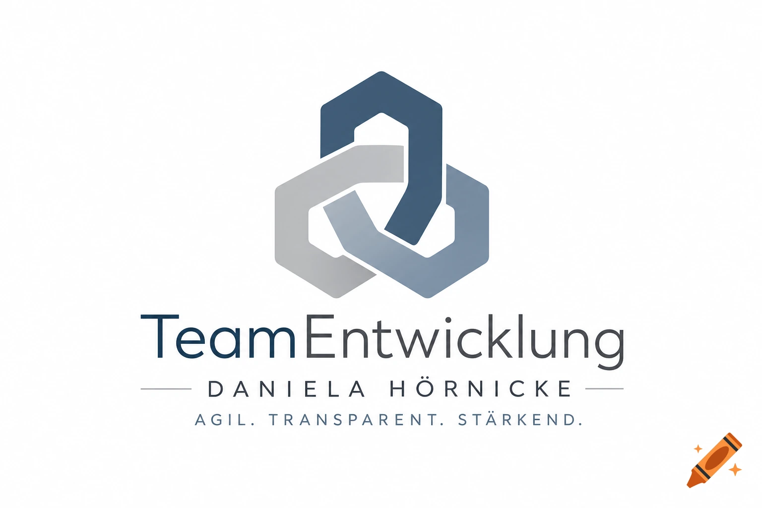 A modern logo featuring three interconnected hexagonal shapes in shades of blue and grey, above the text 'TeamEntwicklung Daniela Hörnicke' and the slogan 'AGIL. TRANSPARENT. STÄRKEND.'