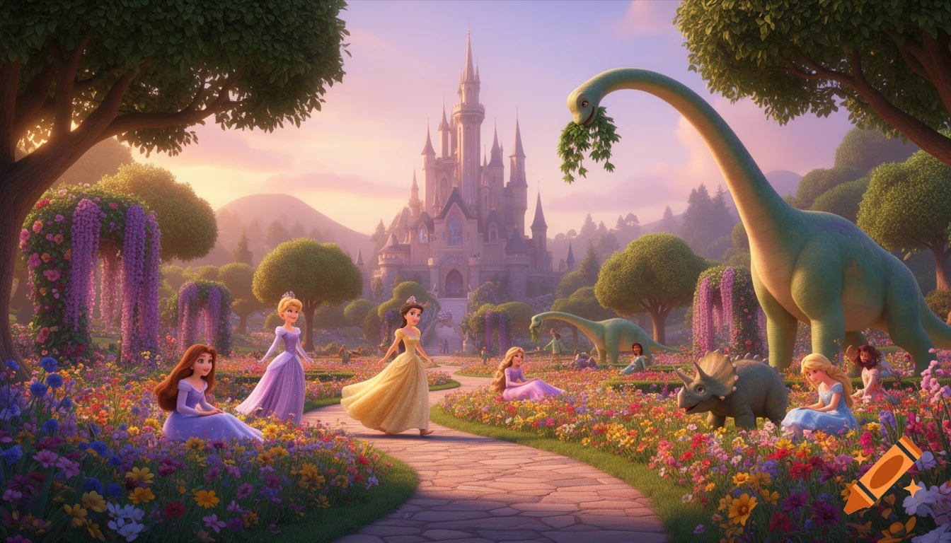 Disney-style princesses and friendly dinosaurs in a lush garden with a fairytale castle at sunset, 3D animation.