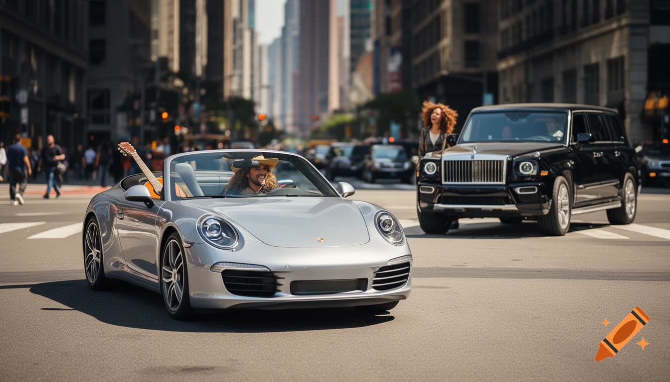 A long-haired man in a cowboy hat drives a silver Porsche 911 convertible with an acoustic guitar in the passenger seat, smiling at a woman in a black SUV on a city street.