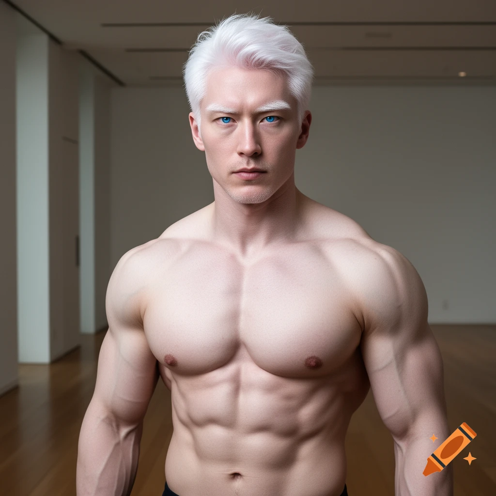 Photorealistic portrait of a buff albino man with white hair and piercing blue eyes, shirtless, indoors.