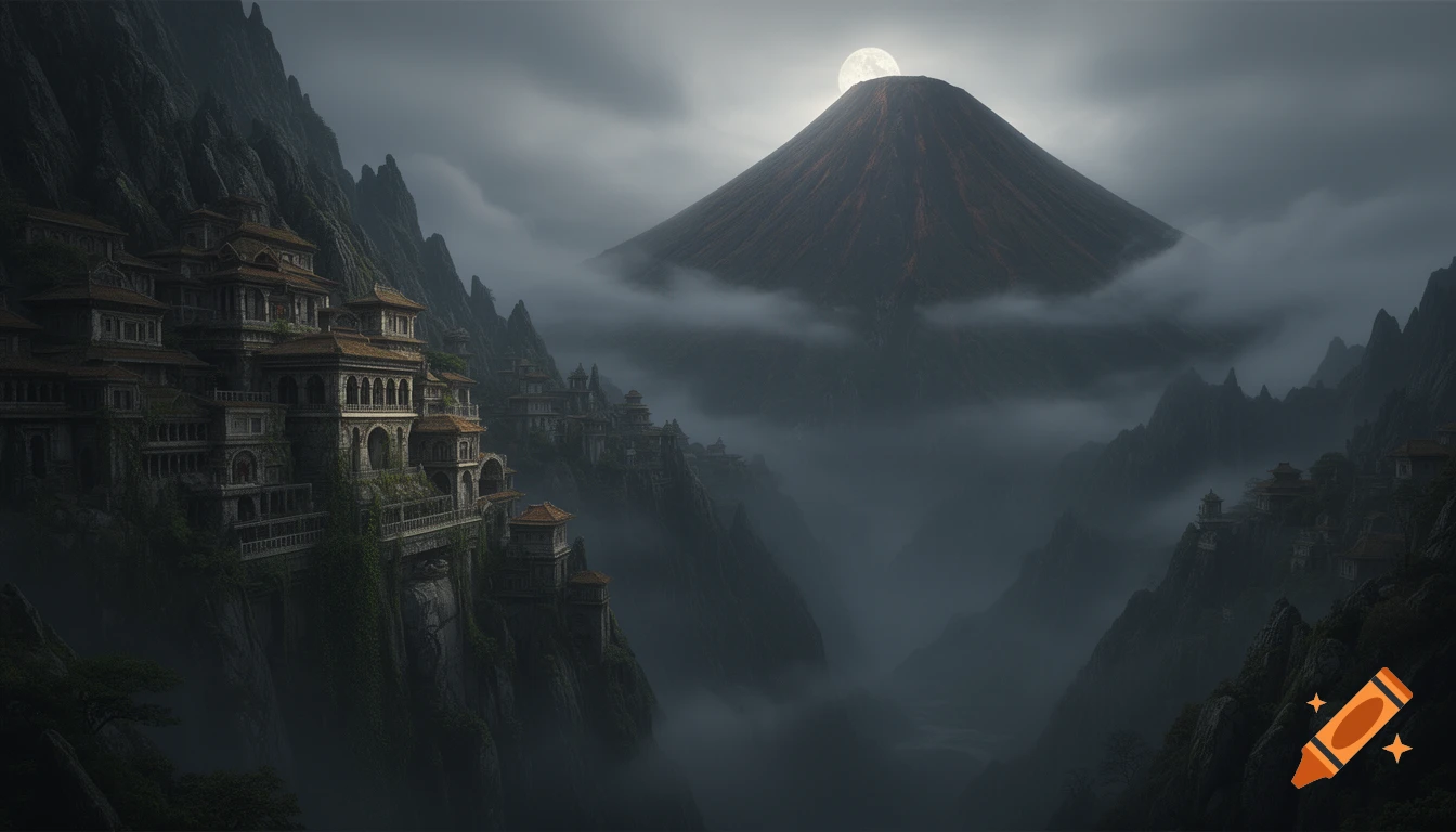 Ominous fantasy landscape: Cliff temples and houses cling to foggy mountainsides, overlooked by a large inactive volcano under a full moon.
