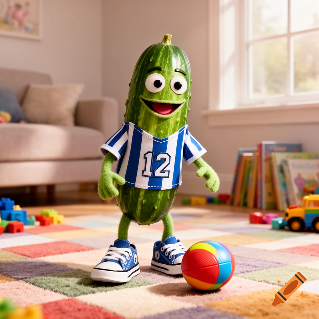 A cartoon cucumber character in a blue and white striped jersey with the number '12', wearing sneakers, stands in a colorful playroom with a multi-colored ball.