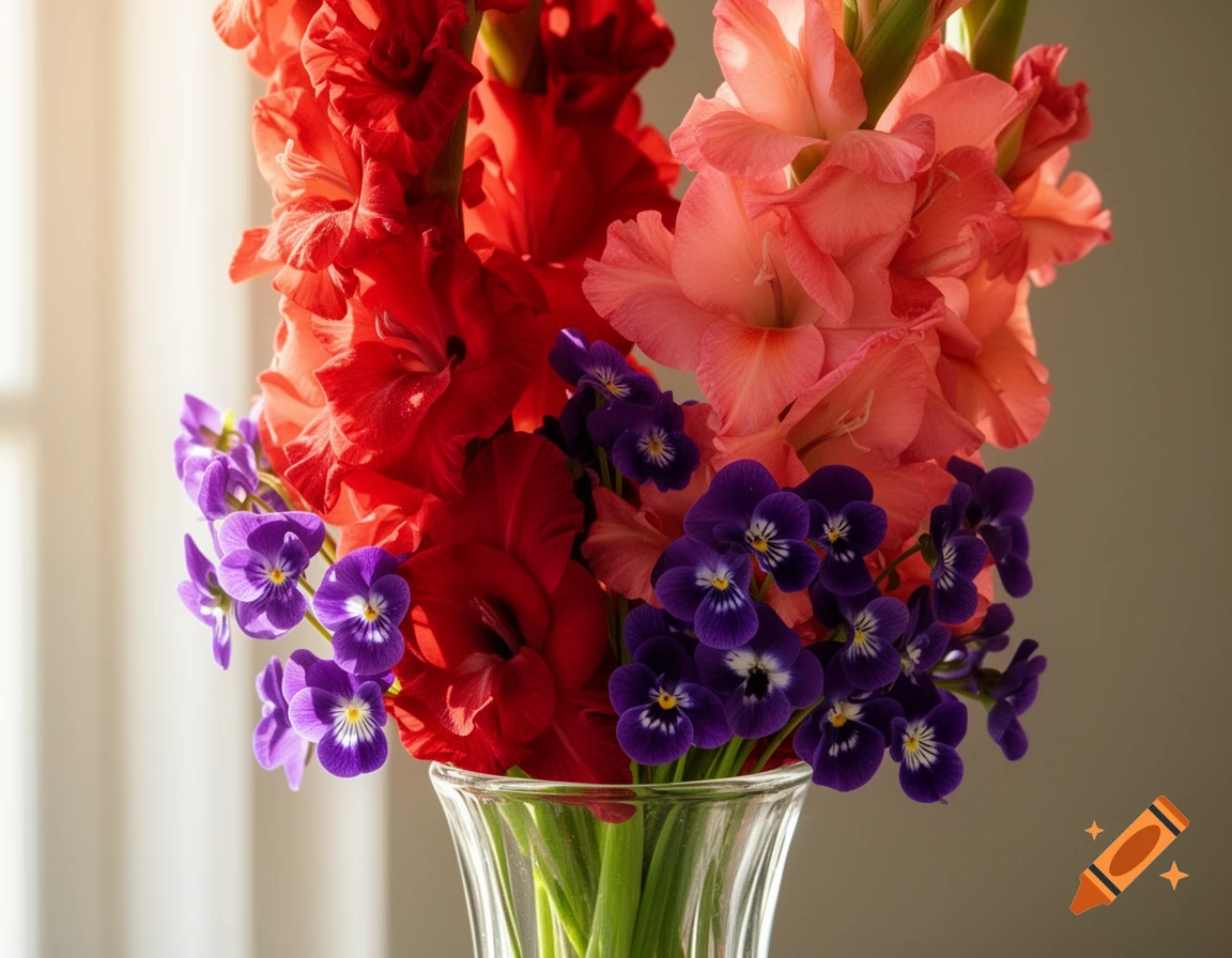 A vibrant bouquet of red gladiolus and purple violets in a clear glass vase, bathed in soft light.