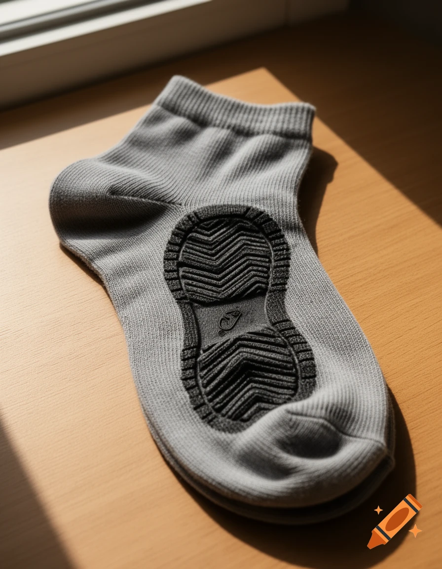 A single grey ankle sock with a black non-slip sole featuring a shoe-like imprint pattern, on a wooden surface.