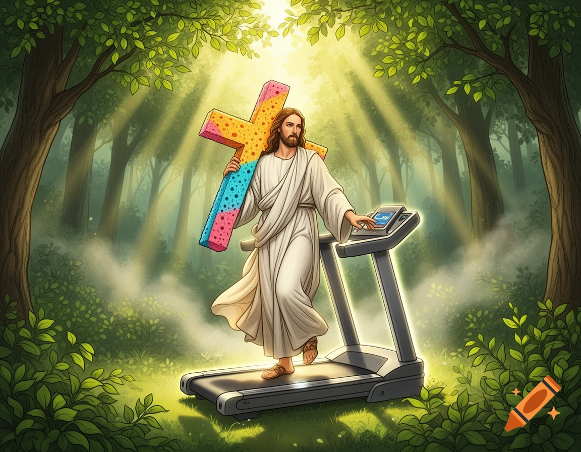 Jesus in a white robe walks on a treadmill in a sunlit forest, holding a colorful sponge cross.
