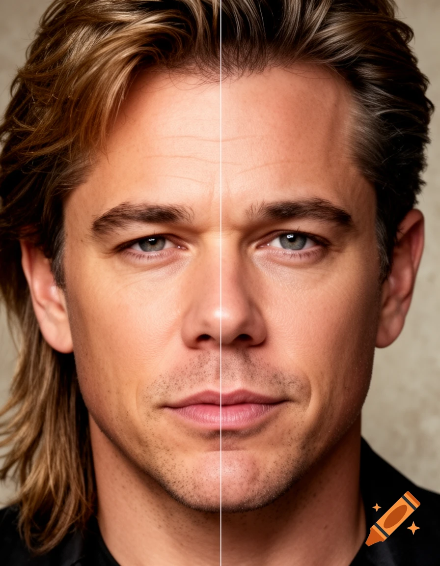 A photorealistic split portrait of a man's face, showing a blend of two individuals, perfectly stitched down the middle.