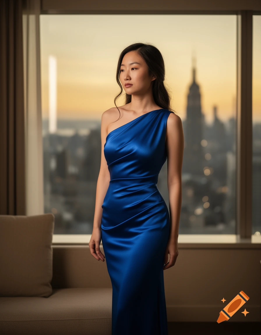 A stylish Asian woman in a fitted blue satin one-shoulder gown stands by a window overlooking a city skyline at sunset.