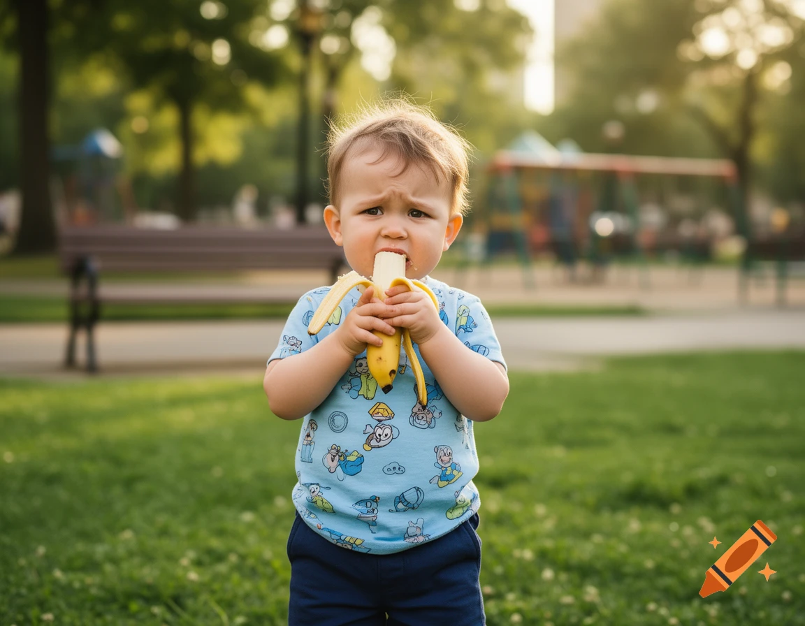 A young child with a worried expression eats a banana in a sunny park.