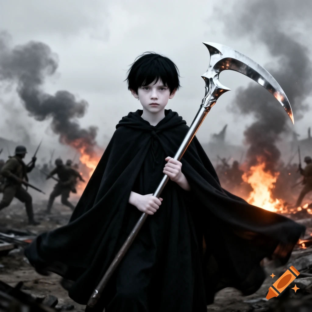 A solemn child in a black cloak holds a scythe on a war-torn battlefield with fires and soldiers in the background.