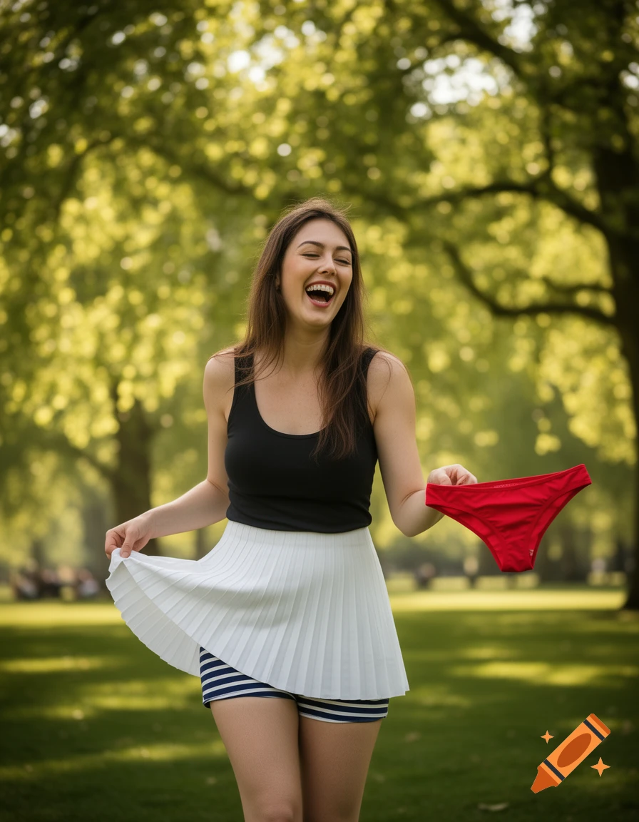 A laughing woman in a black tank top and white pleated skirt holds a red thong, revealing striped shorts in a park.