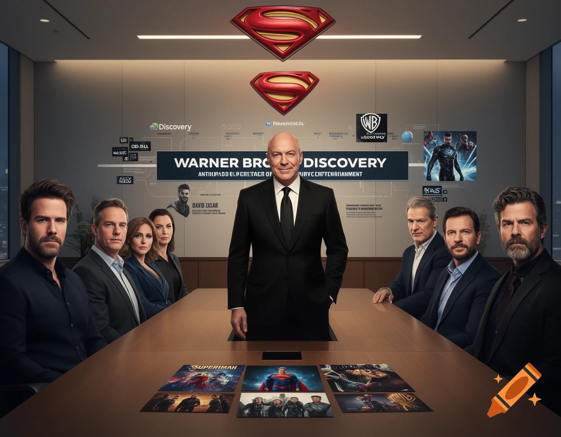 A corporate meeting with CEO David Zaslav and other executives discussing Warner Bros. Discovery and Superman, with logos and related images displayed.
