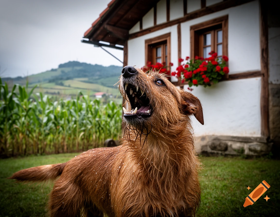 A wet, brown, wire-haired dog with an open mouth barks in a grassy field in front of a white house with red flowers.